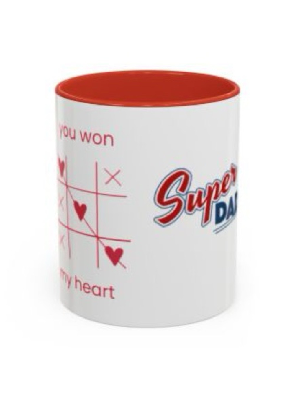 White Ceramic Mug with Red Interior and 'Super Dad' Graphic